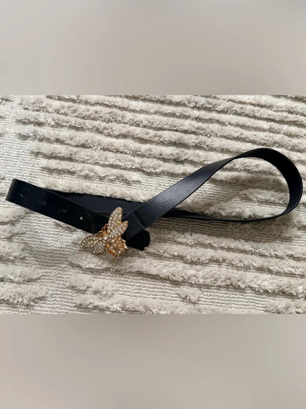 Black Women's Belt with Gold Crystal Bee Buckle